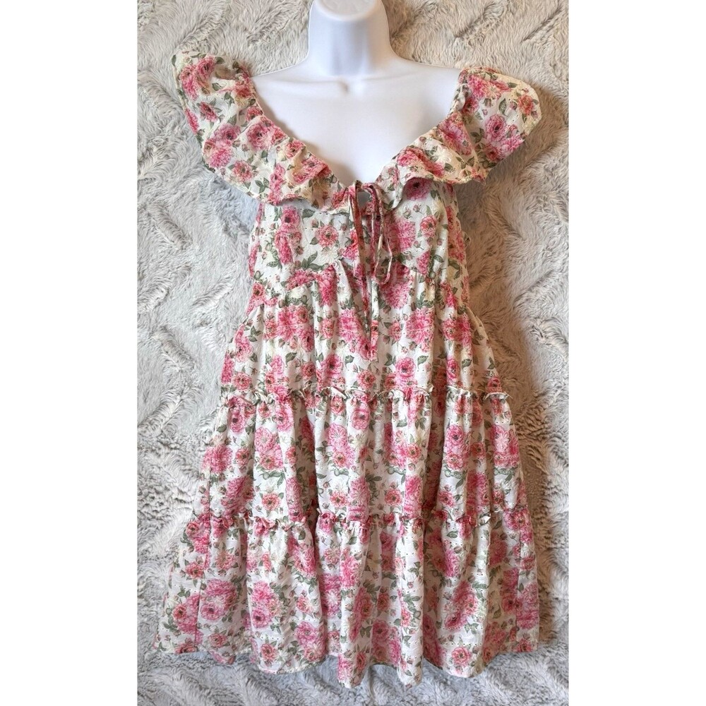 Just Me Dress Size Large Mini Floral Pink Lined Cottagecore Flutter Sleeve - Picture 2 of 16
